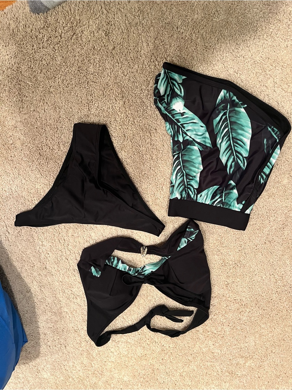 Black Bikini Set with Green Tropical Leaf Print